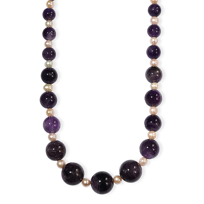 D'Joy African Amethyst 280.00 ctw and Freshwater Pearl Necklace in Rhodium Over Sterling Silver 18 Inches