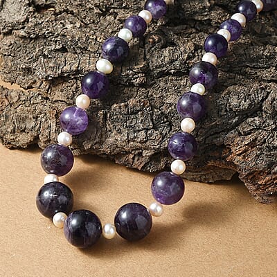 D'Joy African Amethyst 280.00 ctw and Freshwater Pearl Necklace in Rhodium Over Sterling Silver 18 Inches