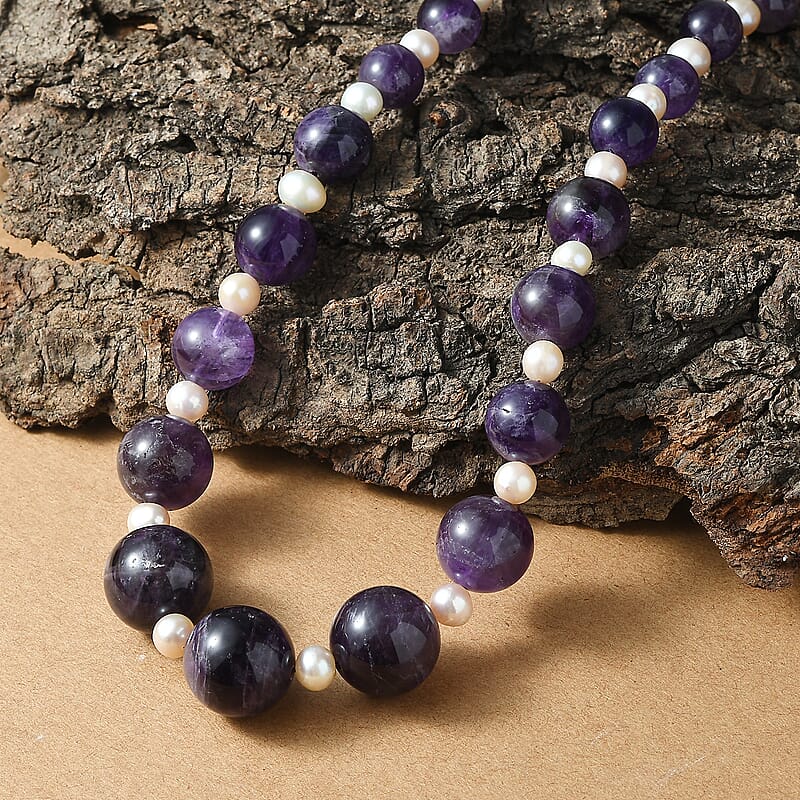 D'Joy African Amethyst 280.00 ctw and Freshwater Pearl Necklace in Rhodium Over Sterling Silver 18 Inches