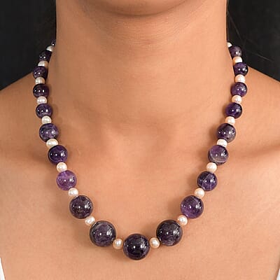 D'Joy African Amethyst 280.00 ctw and Freshwater Pearl Necklace in Rhodium Over Sterling Silver 18 Inches