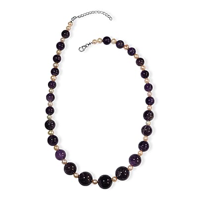 D'Joy African Amethyst 280.00 ctw and Freshwater Pearl Necklace in Rhodium Over Sterling Silver 18 Inches