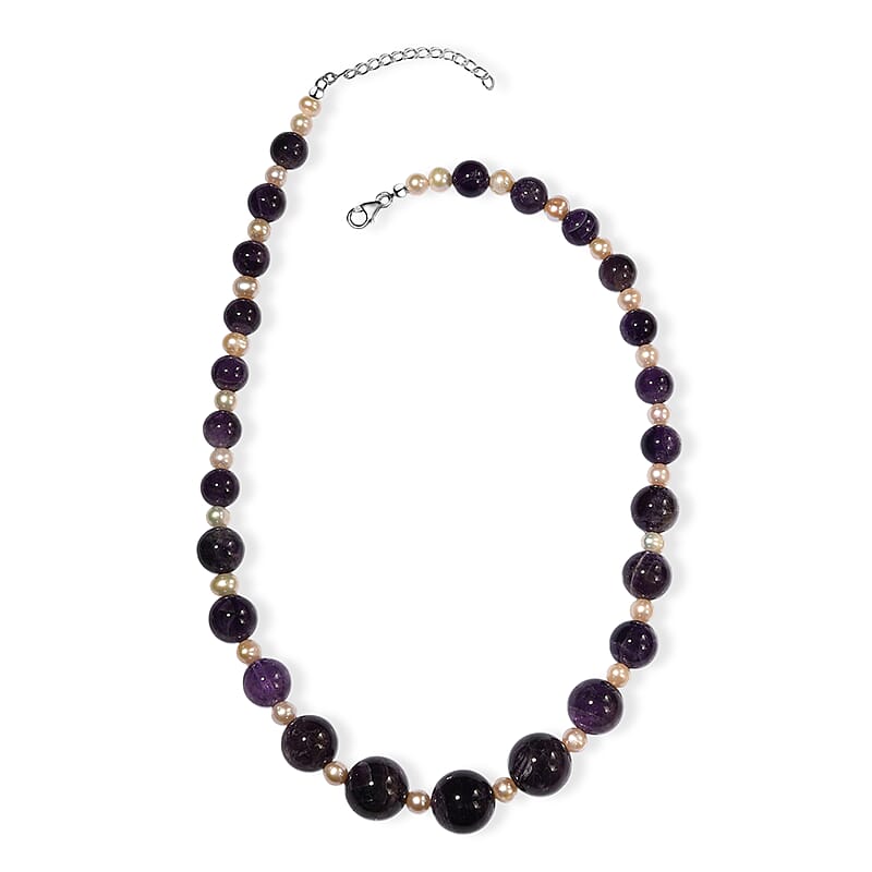 D'Joy African Amethyst 280.00 ctw and Freshwater Pearl Necklace in Rhodium Over Sterling Silver 18 Inches