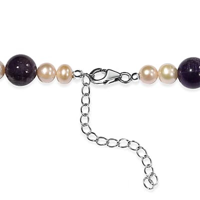 D'Joy African Amethyst 280.00 ctw and Freshwater Pearl Necklace in Rhodium Over Sterling Silver 18 Inches