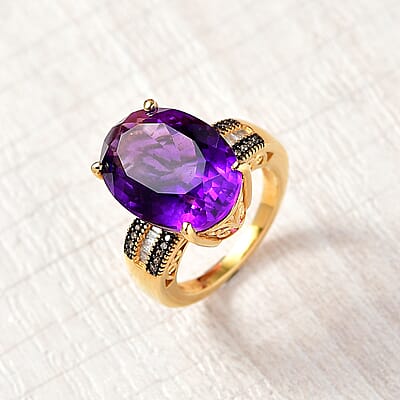 D'Joy Premium African Amethyst, Natural Champagne and White Diamond 12.10 ctw Art Deco Ring in 18K Vermeil Yellow Gold Over Sterling Silver (Size 10.0) 