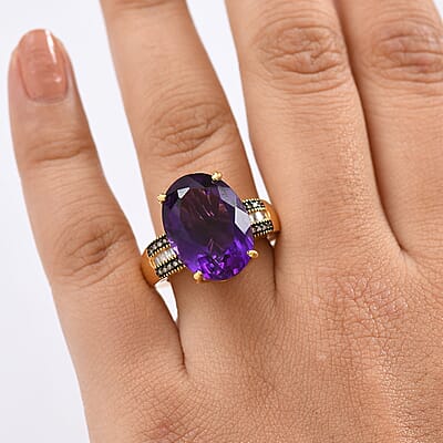 D'Joy Premium African Amethyst, Natural Champagne and White Diamond 12.10 ctw Art Deco Ring in 18K Vermeil Yellow Gold Over Sterling Silver (Size 10.0) 