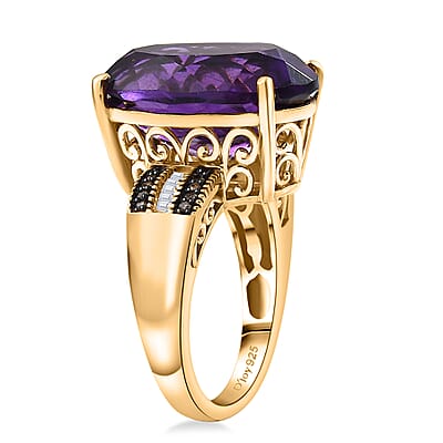 D'Joy Premium African Amethyst, Natural Champagne and White Diamond 12.10 ctw Art Deco Ring in 18K Vermeil Yellow Gold Over Sterling Silver (Size 10.0) 