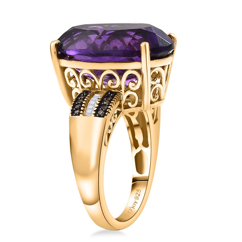 D'Joy Premium African Amethyst, Natural Champagne and White Diamond 12.10 ctw Art Deco Ring in 18K Vermeil Yellow Gold Over Sterling Silver (Size 10.0) 
