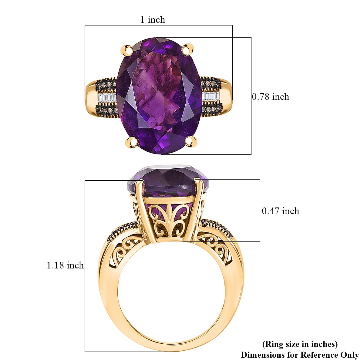 D'Joy Premium African Amethyst, Natural Champagne and White Diamond 12.10 ctw Art Deco Ring in 18K Vermeil Yellow Gold Over Sterling Silver (Size 10.0) 