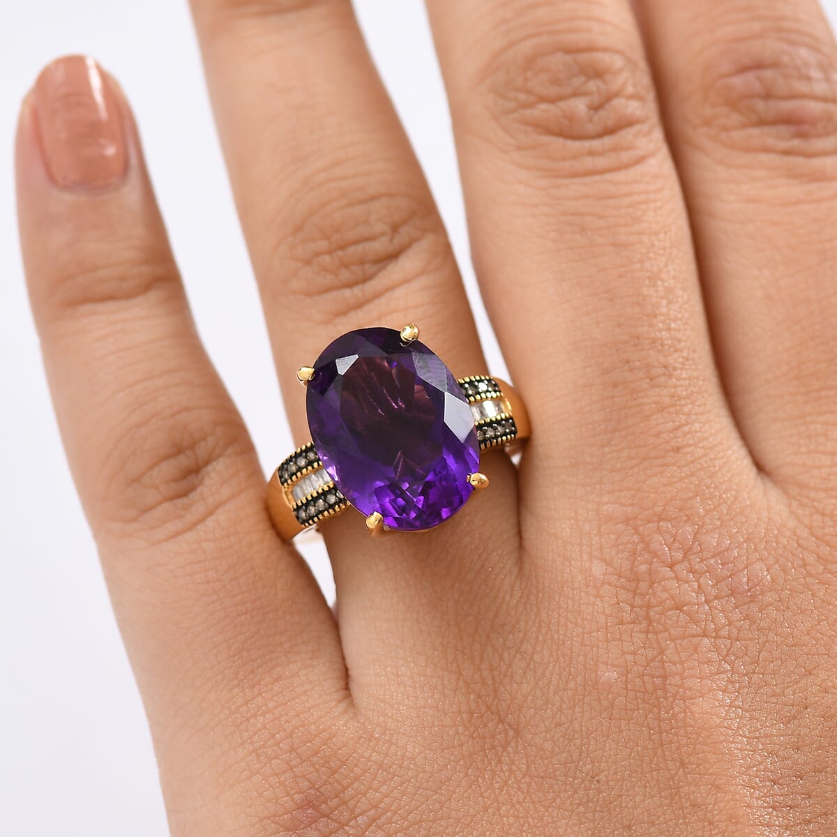 D'Joy Premium African Amethyst, Natural Champagne and White Diamond 12.10 ctw Ring in 18K Vermeil Yellow Gold Over Sterling Silver (Size 7.0) image number 2