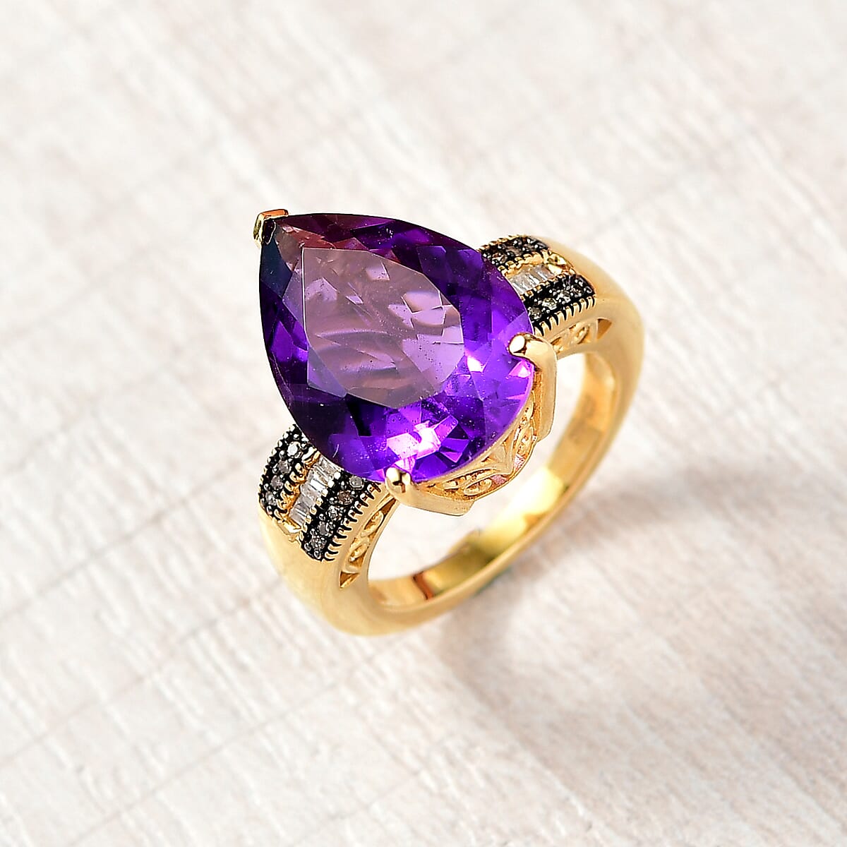 D'Joy Premium African Amethyst, Natural Champagne and White Diamond 10.85 ctw Art Deco Ring in 18K Vermeil Yellow Gold Over Sterling Silver (Size 6.0)  image number 1