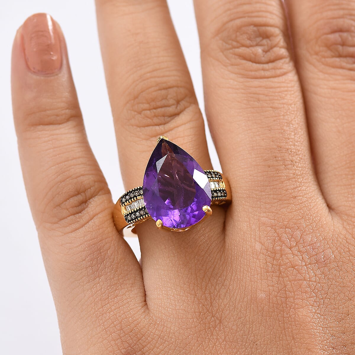 D'Joy Premium African Amethyst, Natural Champagne and White Diamond 10.85 ctw Art Deco Ring in 18K Vermeil Yellow Gold Over Sterling Silver (Size 7.0)  image number 2