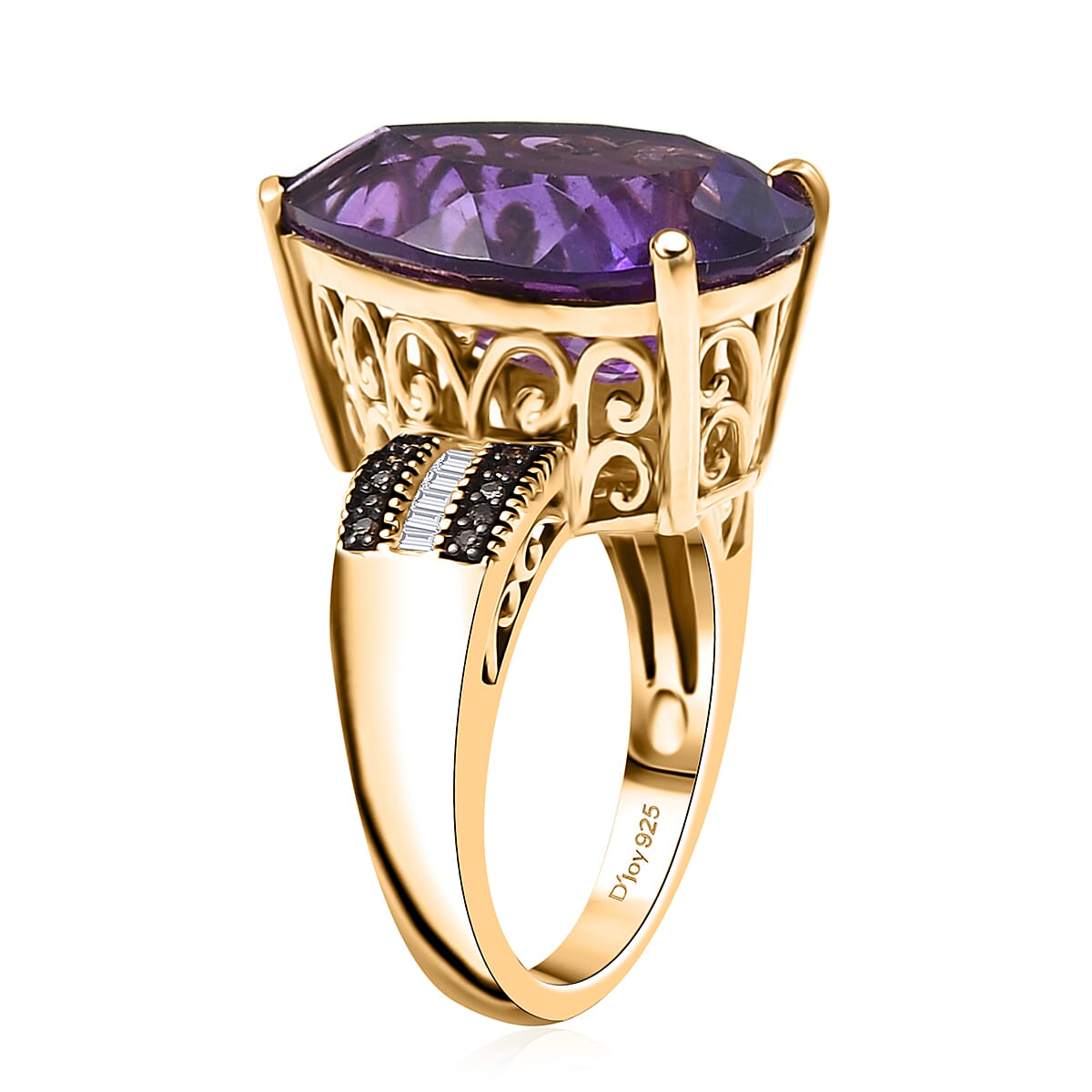 D'Joy Premium African Amethyst, Natural Champagne and White Diamond 10.85 ctw Art Deco Ring in 18K Vermeil Yellow Gold Over Sterling Silver (Size 7.0)  image number 3