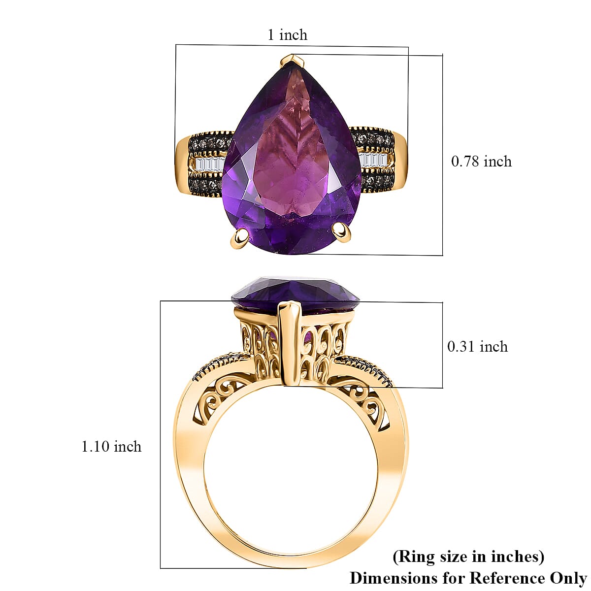 D'Joy Premium African Amethyst, Natural Champagne and White Diamond 10.85 ctw Art Deco Ring in 18K Vermeil Yellow Gold Over Sterling Silver (Size 7.0)  image number 5
