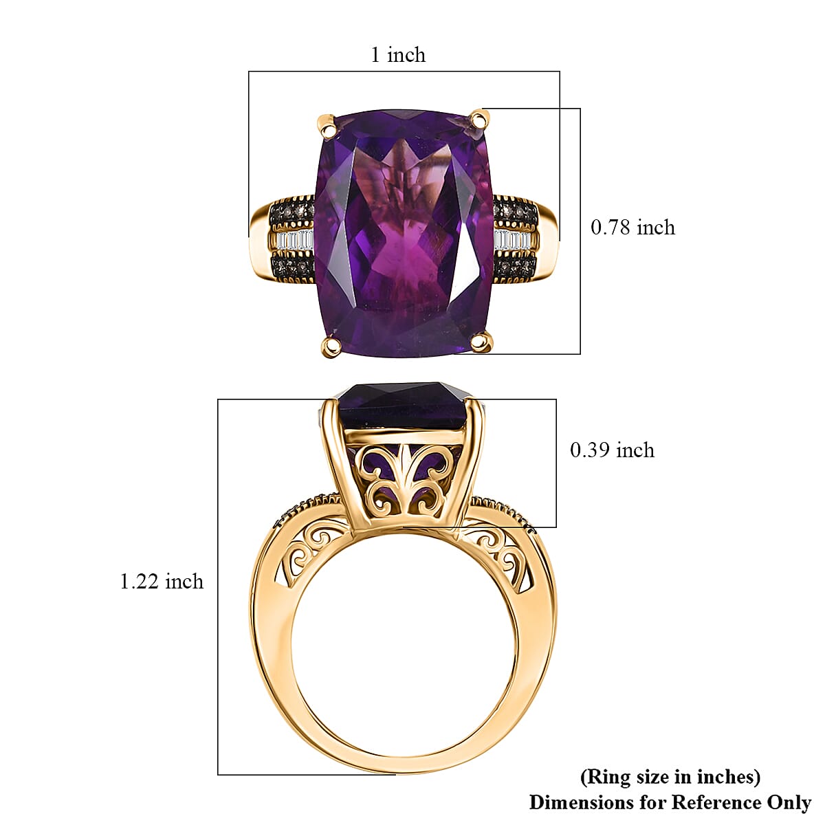 D'Joy Premium African Amethyst, Natural Champagne and White Diamond 14.25 ctw Art Deco Ring in 18K Vermeil Yellow Gold Over Sterling Silver (Size 6.0)  image number 5