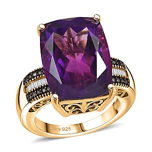 D'Joy Premium African Amethyst, Natural Champagne and White Diamond 14.25 ctw Art Deco Ring in 18K Vermeil Yellow Gold Over Sterling Silver (Size 7.0)