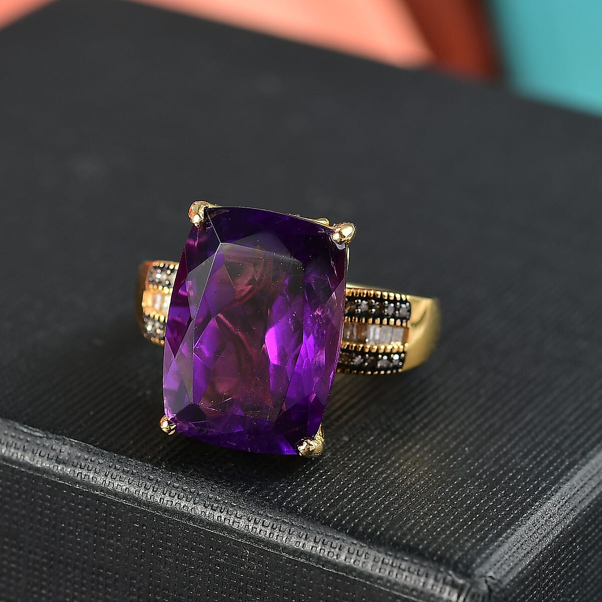 D'Joy Premium African Amethyst, Natural Champagne and White Diamond 14.25 ctw Art Deco Ring in 18K Vermeil Yellow Gold Over Sterling Silver (Size 7.0) image number 1