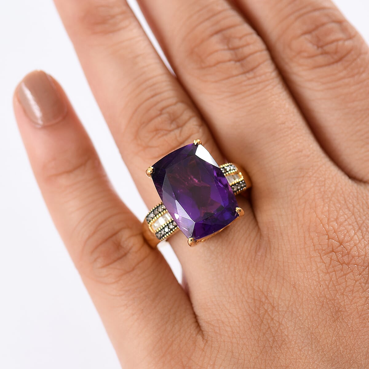 D'Joy Premium African Amethyst, Natural Champagne and White Diamond 14.25 ctw Art Deco Ring in 18K Vermeil Yellow Gold Over Sterling Silver (Size 7.0) image number 2