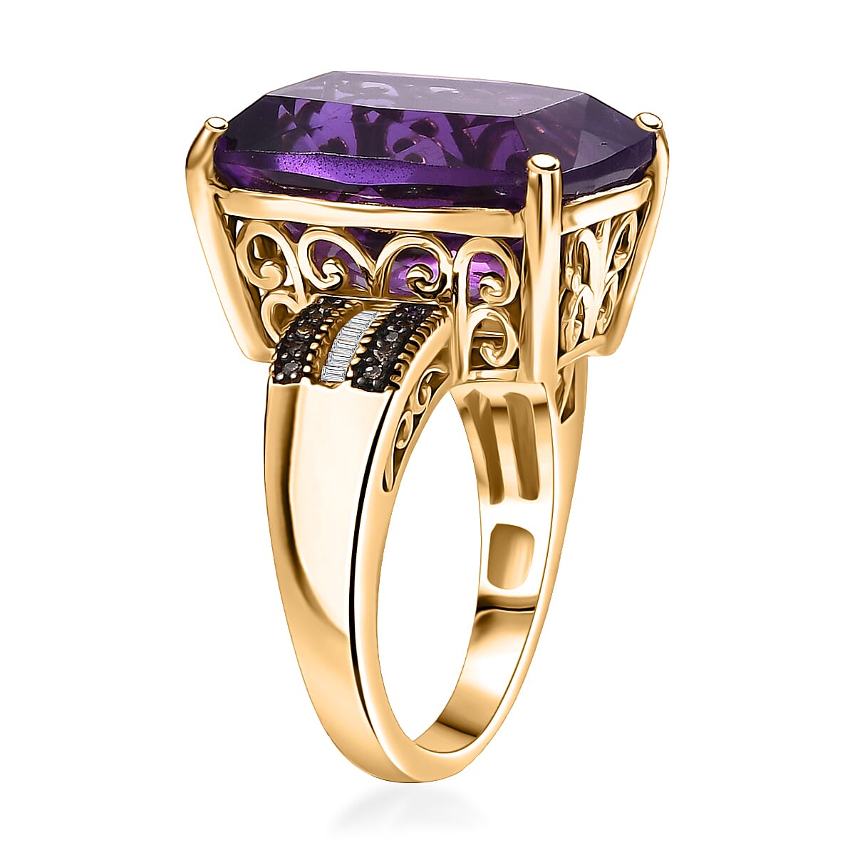 D'Joy Premium African Amethyst, Natural Champagne and White Diamond 14.25 ctw Art Deco Ring in 18K Vermeil Yellow Gold Over Sterling Silver (Size 7.0) image number 3