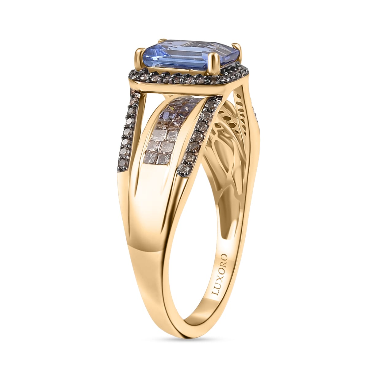 Luxoro Premium Tanzanite and I2 Natural Champagne Diamond 2.05 ctw Bridge Ring in 10K Yellow Gold (Size 7.0) image number 3