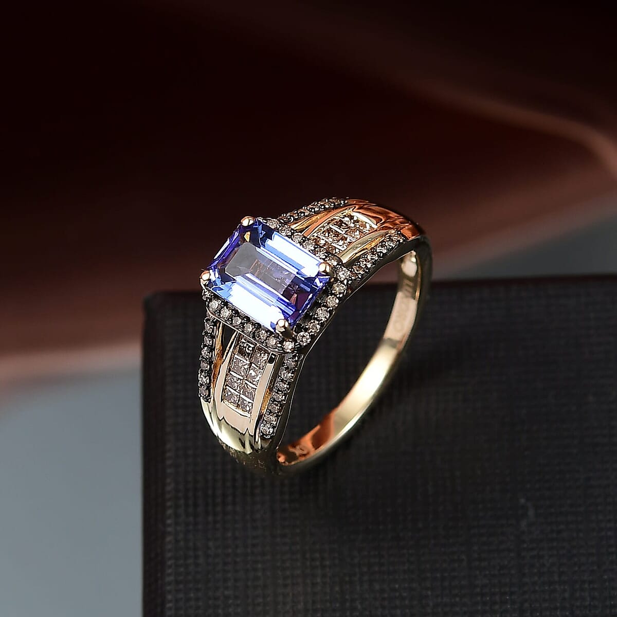 Luxoro Premium Tanzanite and I2 Natural Champagne Diamond 2.05 ctw Bridge Ring in 10K Yellow Gold (Size 7.5) image number 1