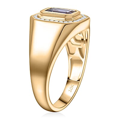 Luxoro AAA Tanzanite and I2 White Diamond 1.80 ctw Men's Ring in 10K Yellow Gold (Size 10.0) 6.34 Grams