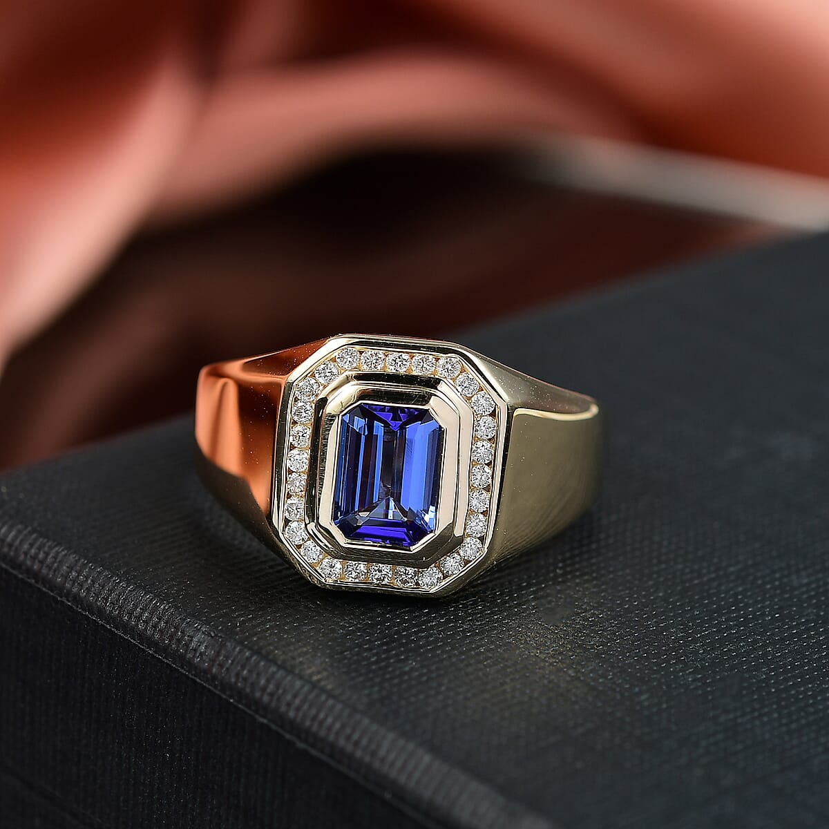 Luxoro AAA Tanzanite and I2 White Diamond 1.80 ctw Men's Ring in 10K Yellow Gold (Size 9.0) 6.34 Grams image number 1