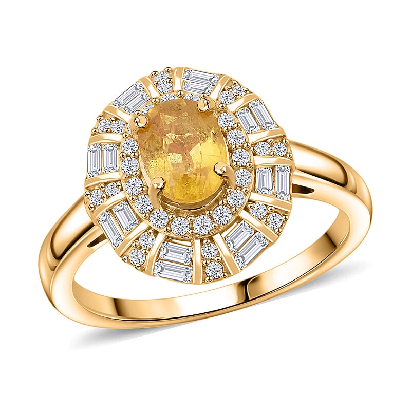 D'Joy Madagascar Yellow Sapphire and Moissanite 1.50 ctw Art Deco Ring in 18K Vermeil Yellow Gold Over Sterling Silver (Size 10.0)