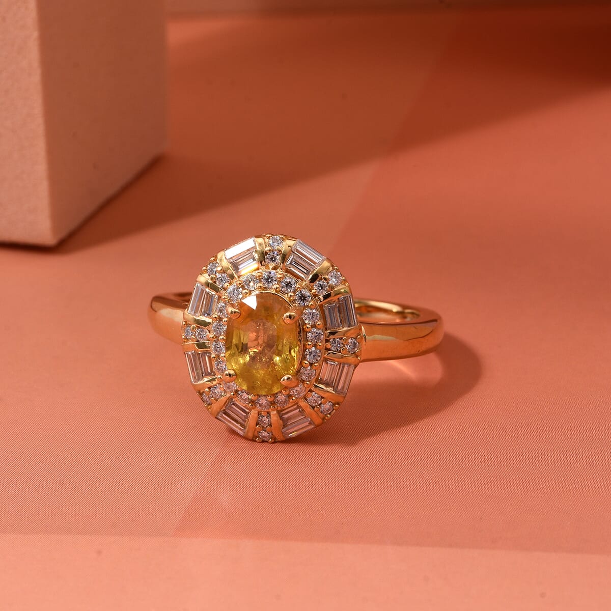 D'Joy Madagascar Yellow Sapphire and Moissanite 1.50 ctw Art Deco Ring in 18K Vermeil Yellow Gold Over Sterling Silver (Size 10.0) image number 1