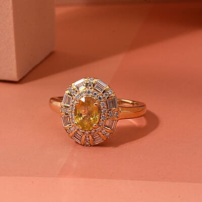 D'Joy Madagascar Yellow Sapphire and Moissanite 1.50 ctw Art Deco Ring in 18K Vermeil Yellow Gold Over Sterling Silver (Size 10.0)