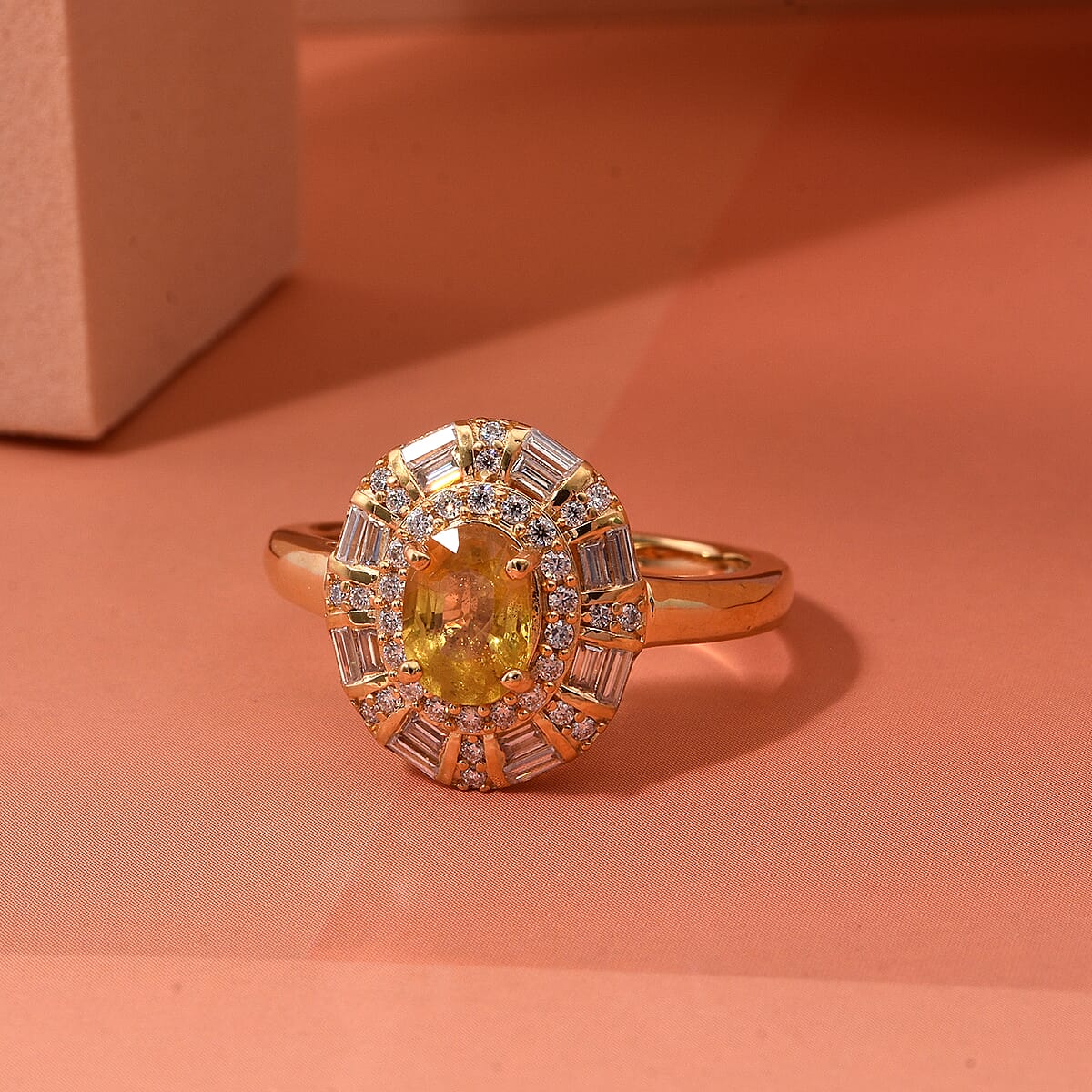 D'Joy Madagascar Yellow Sapphire and Moissanite 1.50 ctw Art Deco Ring in 18K Vermeil Yellow Gold Over Sterling Silver (Size 8.0) image number 1