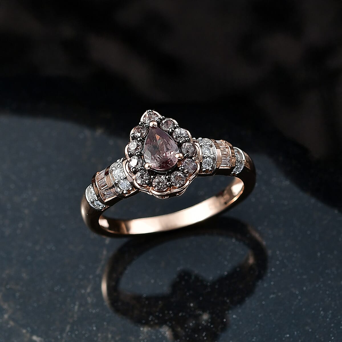 D’Joy Madagascar Color Change Garnet and Moissanite 1.00 ctw Pear Majesty Ring in 18K Vermeil Rose Gold Over Sterling Silver (Size 10.0) image number 1