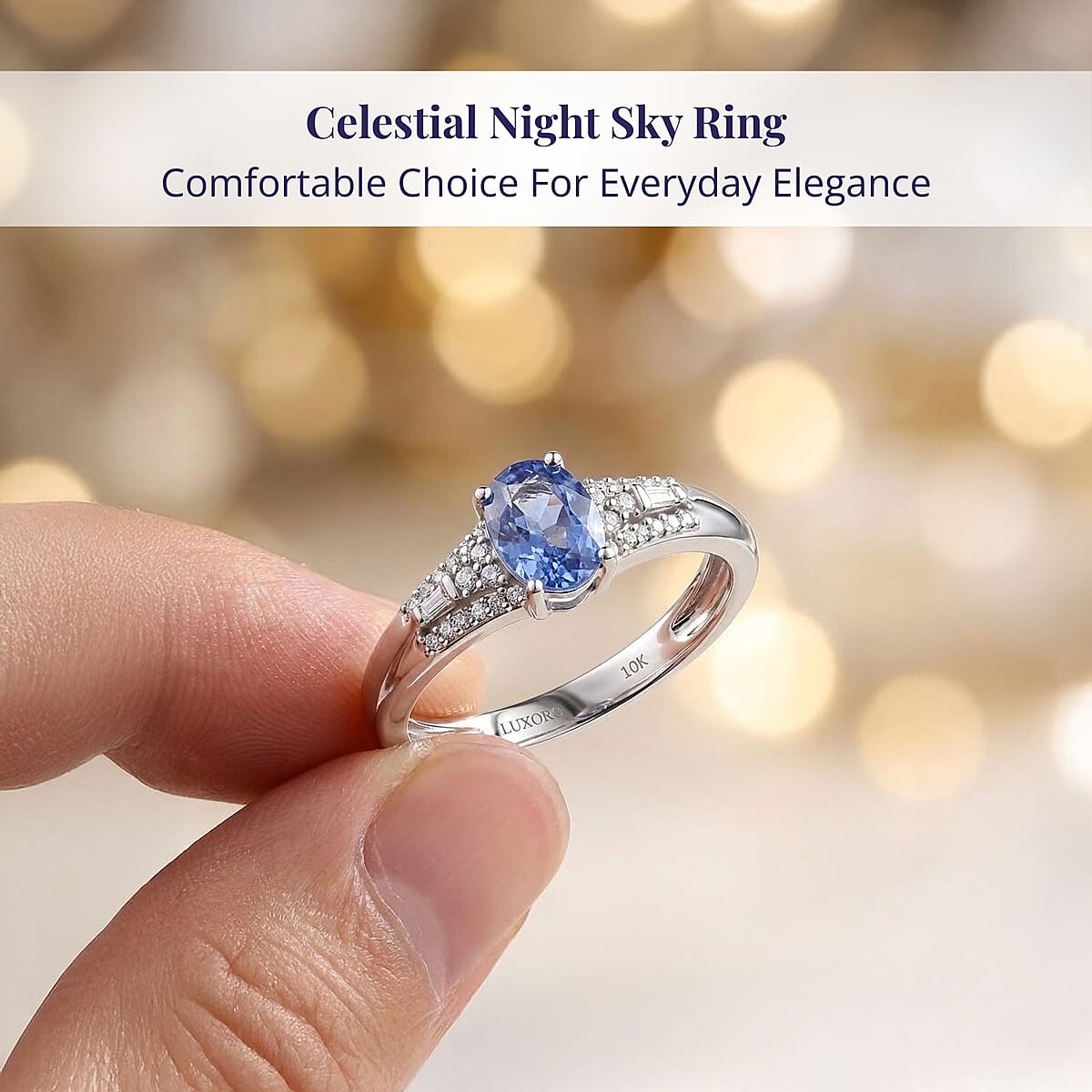 Luxoro AAA Ceylon Blue Sapphire and I2 Diamond 1.04 ctw Celestial Night Sky Ring in 10K White Gold (Size 12.0) image number 4