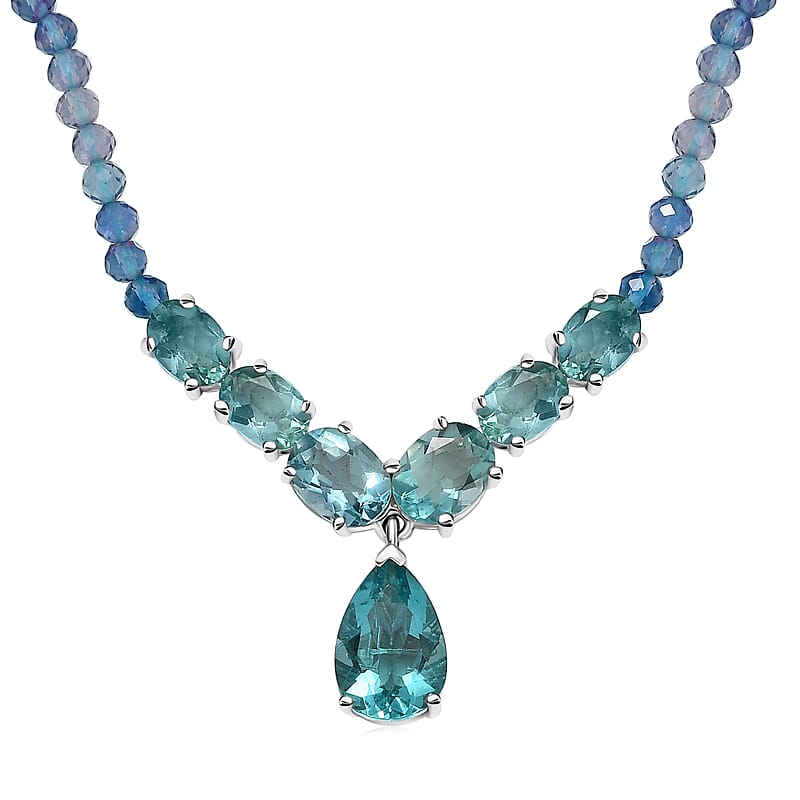 D’Joy Shades of Teal Fluorite Beads 53.30 ctw Waterfall Necklace 18 Inches in Rhodium Over Sterling Silver