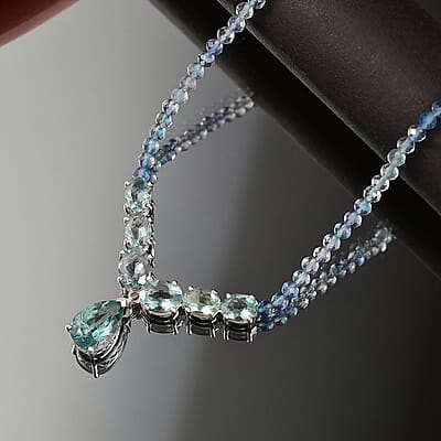 D’Joy Shades of Teal Fluorite Beads 53.30 ctw Waterfall Necklace 18 Inches in Rhodium Over Sterling Silver
