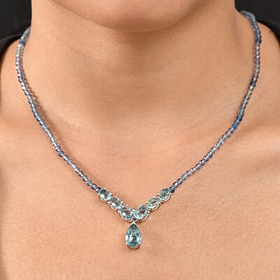 D’Joy Shades of Teal Fluorite Beads 53.30 ctw Waterfall Necklace 18 Inches in Rhodium Over Sterling Silver