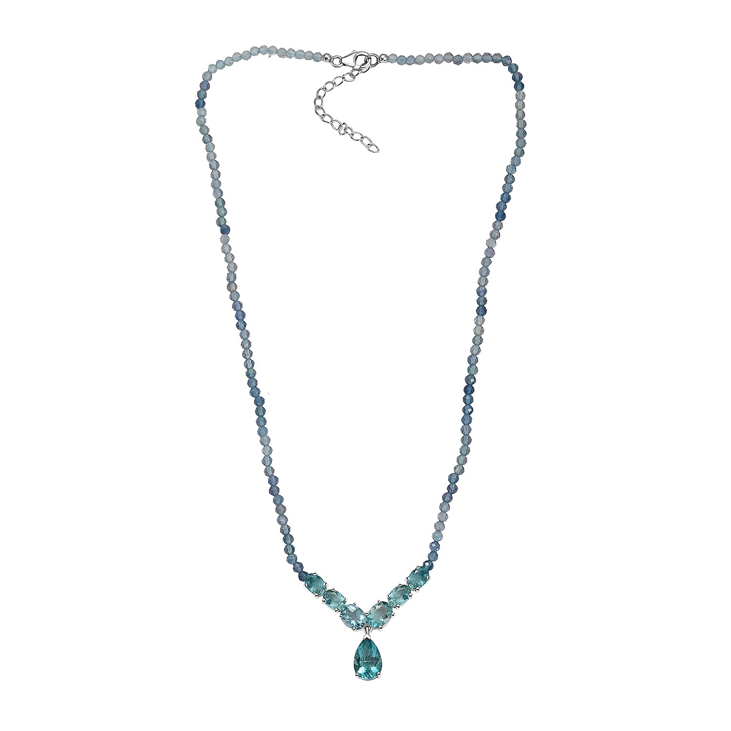 D’Joy Shades of Teal Fluorite Beads 53.30 ctw Waterfall Necklace 18 Inches in Rhodium Over Sterling Silver