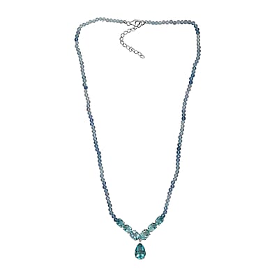 D’Joy Shades of Teal Fluorite Beads 53.30 ctw Waterfall Necklace 18 Inches in Rhodium Over Sterling Silver