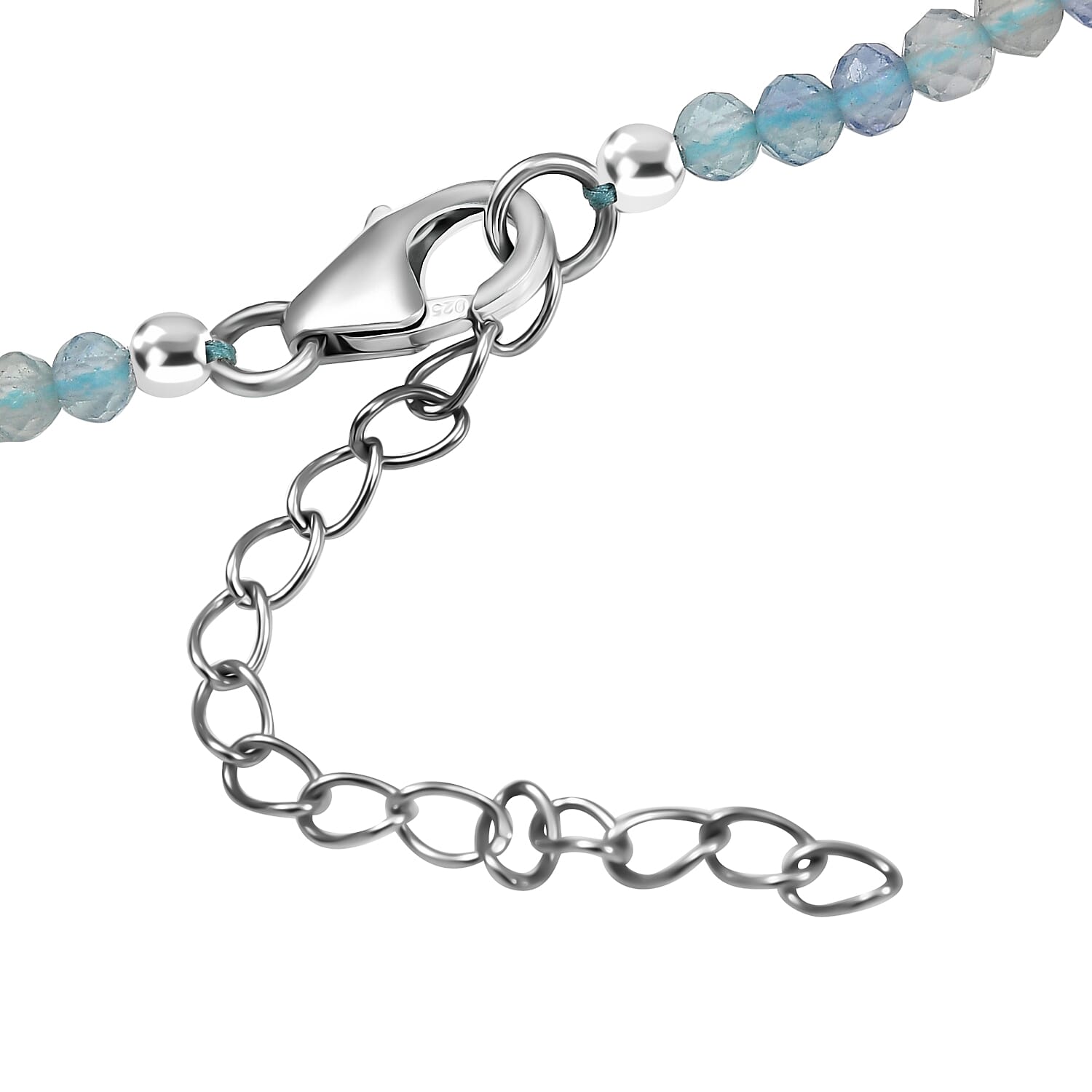 D’Joy Shades of Teal Fluorite Beads 53.30 ctw Waterfall Necklace 18 Inches in Rhodium Over Sterling Silver