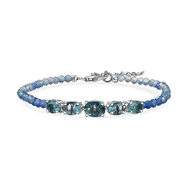 D'Joy Shades of Teal Fluorite Beaded 16.10 ctw Bracelet in Rhodium Over Sterling Silve (7.25 In)