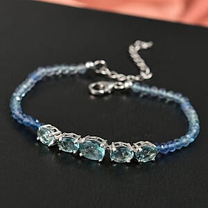 D'Joy Shades of Teal Fluorite Beaded 16.10 ctw Bracelet in Rhodium Over Sterling Silve (7.25 In)