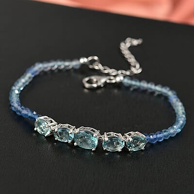 D'Joy Shades of Teal Fluorite Beaded 16.10 ctw Bracelet in Rhodium Over Sterling Silve (7.25 In)