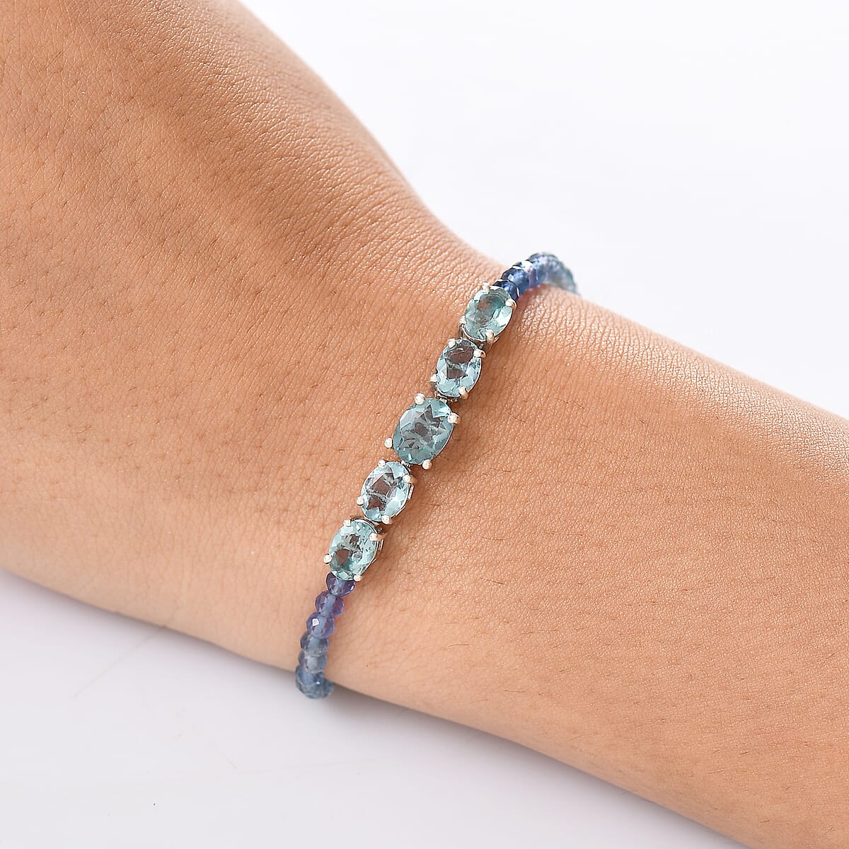 D'Joy Shades of Teal Fluorite Beaded 16.10 ctw Bracelet in Rhodium Over Sterling Silve (7.25 In) image number 2