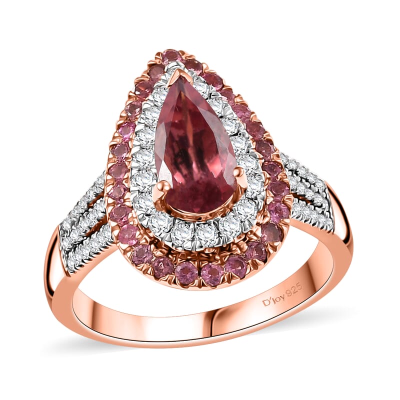 D'Joy Red Apatite and Multi Gemstone 2.15 ctw Firedrop Ring in 18K Vermeil Rose Gold Over Sterling Silver (Size 10.0)