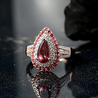 D'Joy Red Apatite and Multi Gemstone 2.15 ctw Firedrop Ring in 18K Vermeil Rose Gold Over Sterling Silver (Size 10.0)