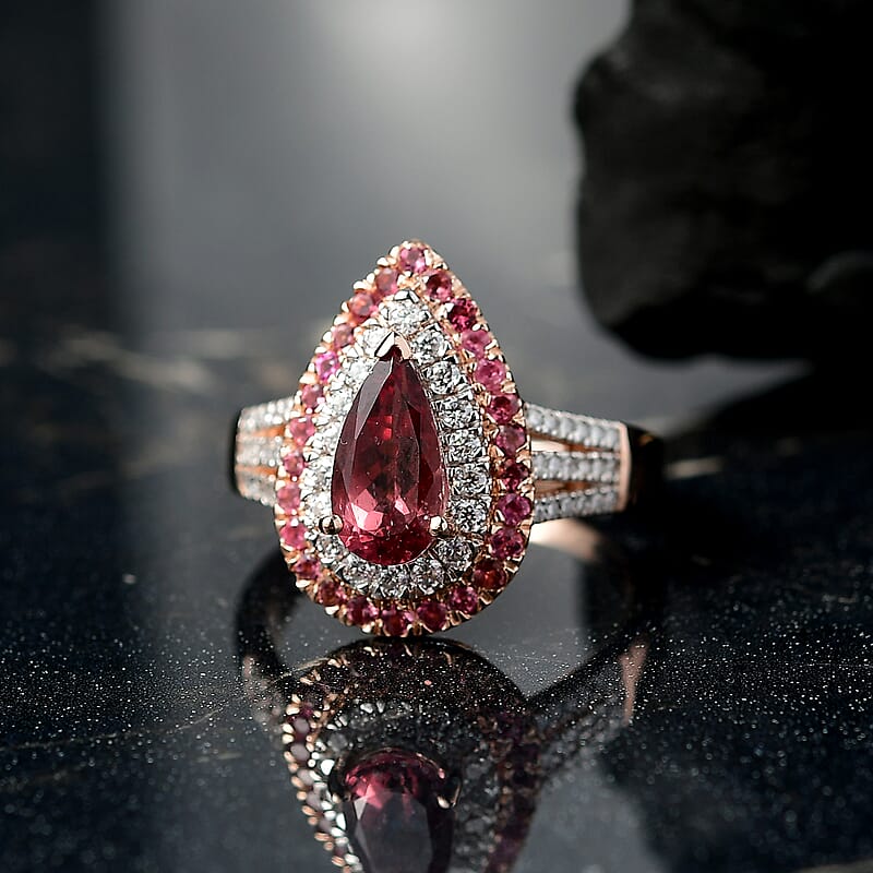 D'Joy Red Apatite and Multi Gemstone 2.15 ctw Firedrop Ring in 18K Vermeil Rose Gold Over Sterling Silver (Size 10.0)