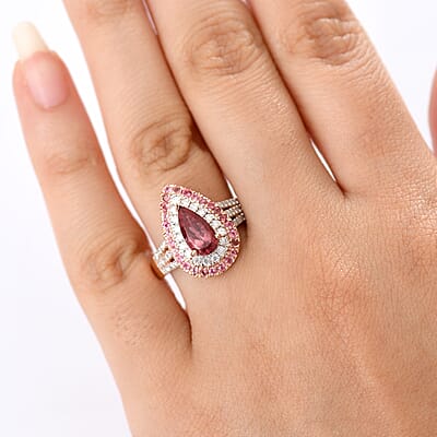 D'Joy Red Apatite and Multi Gemstone 2.15 ctw Firedrop Ring in 18K Vermeil Rose Gold Over Sterling Silver (Size 10.0)