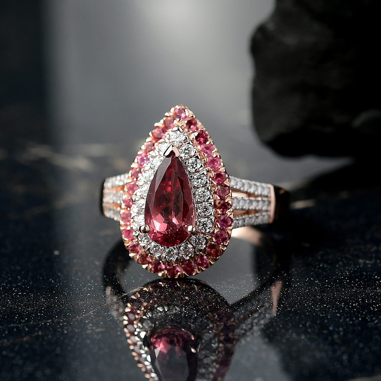 D'Joy Red Apatite and Multi Gemstone 2.15 ctw Filigree Ring in 18K Vermeil Rose Gold Over Sterling Silver