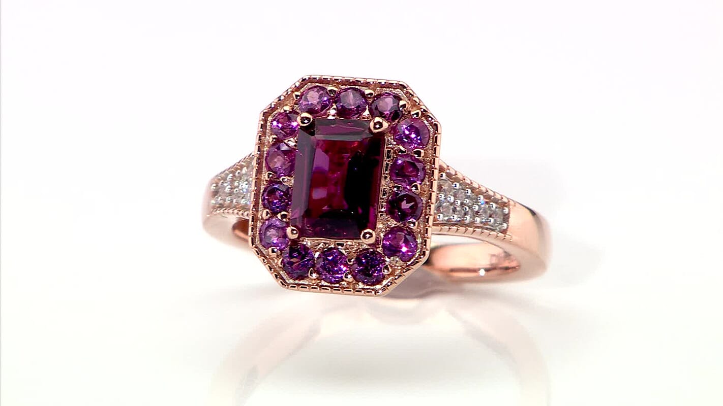D’Joy AAA Radiant Ember Garnet, White Zircon Ring in 18K Vermeil RG Over Sterling Silver (Size 6.0) 2.15 ctw