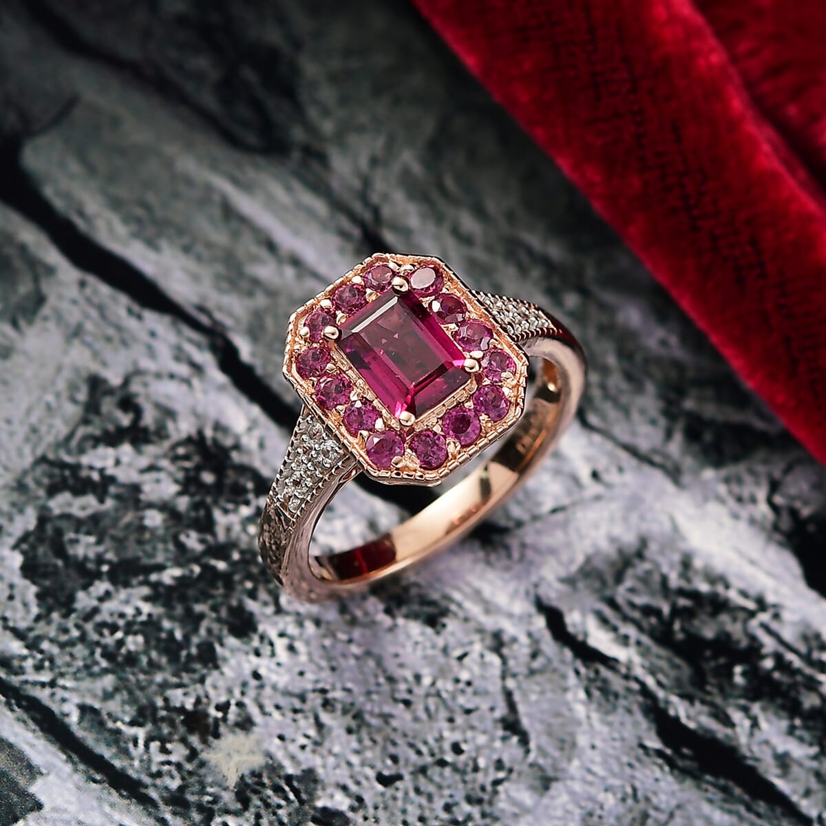 D’Joy AAA Radiant Ember Garnet, White Zircon Ring in 18K Vermeil RG Over Sterling Silver (Size 6.0) 2.15 ctw image number 1
