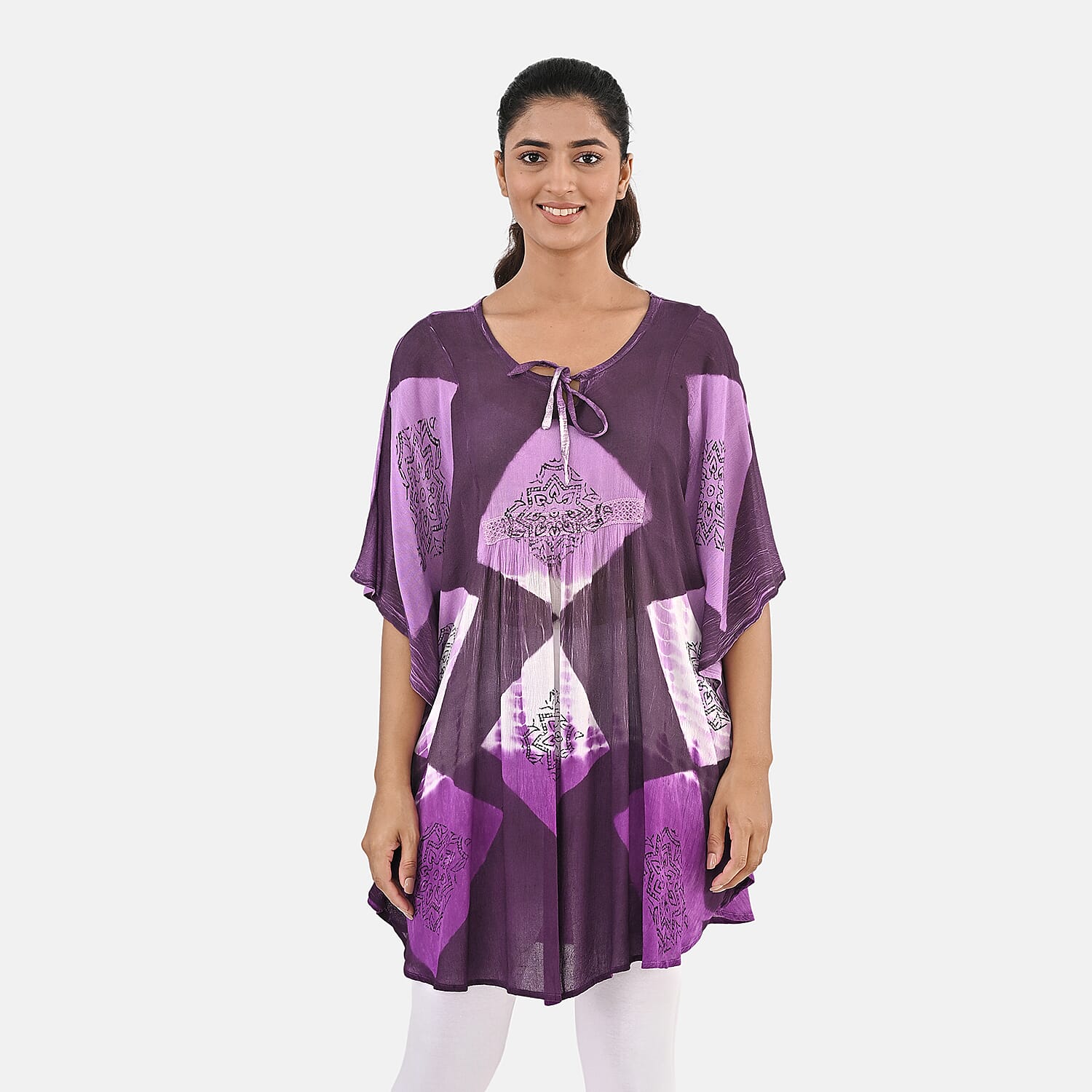 Purple Rayon Crepe Tie Dye Block Print Kaftan with Necktie - One Size Fits Most